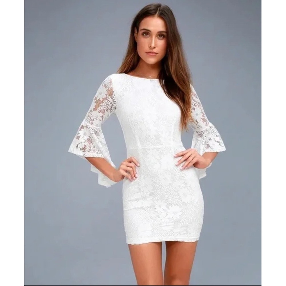 Lulus White Stretch Lace Bell Sleeve Women's Dress Size XS
